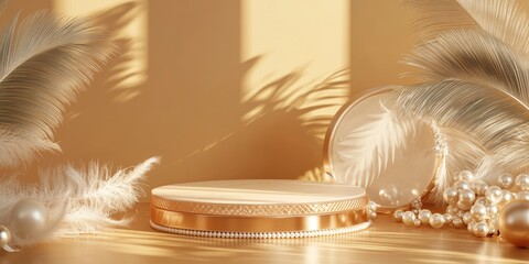Golden metallic podium and platform inside a gift box 3D rendering Collection of geometric shapes featuring art deco elements with pearls beads and feathers elegant vintage backdrop for promoting