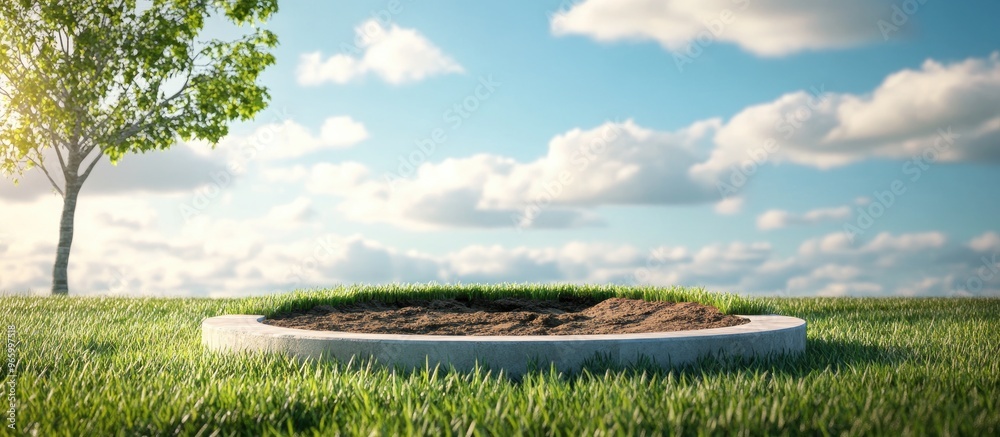 Aufkleber fantasy 3d rendering of a circular podium on a grassy field featuring a surreal cross section of soi
