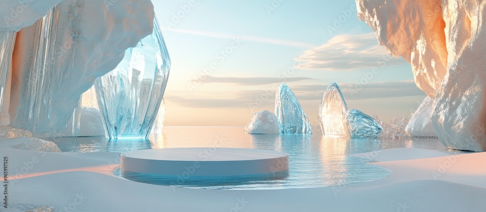 Poster Surreal 3D rendering of a landscape featuring a round podium on water and white sand set against a backdrop of abstract glass shapes and objects A futuristic fantasy scene