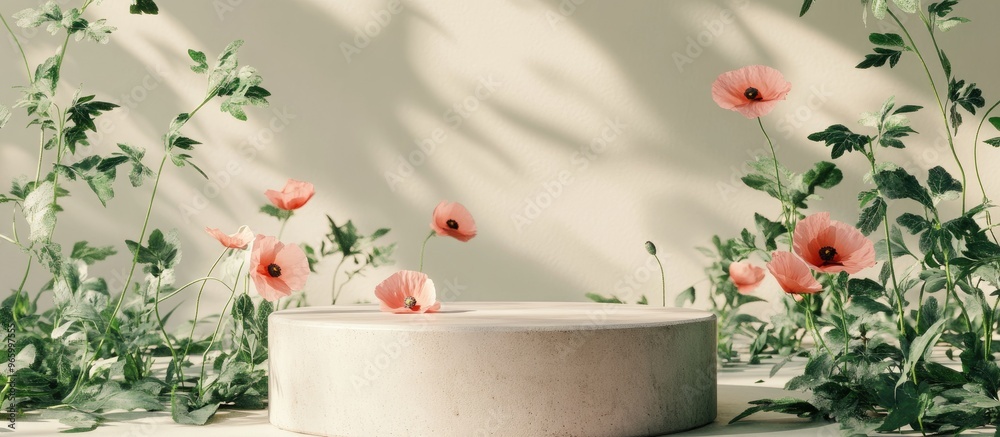 Poster premium podium and concrete stand against a pastel light background adorned with natural foliage and