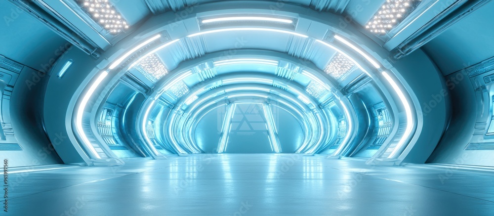 Poster Futuristic interior featuring an empty stage Modern background with a technology sci fi high tech concept 3D rendering