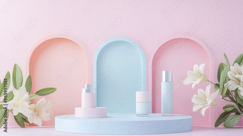 Aufkleber minimalistic 3d render of a pastel podium showcase featuring simple geometric shapes for product pre