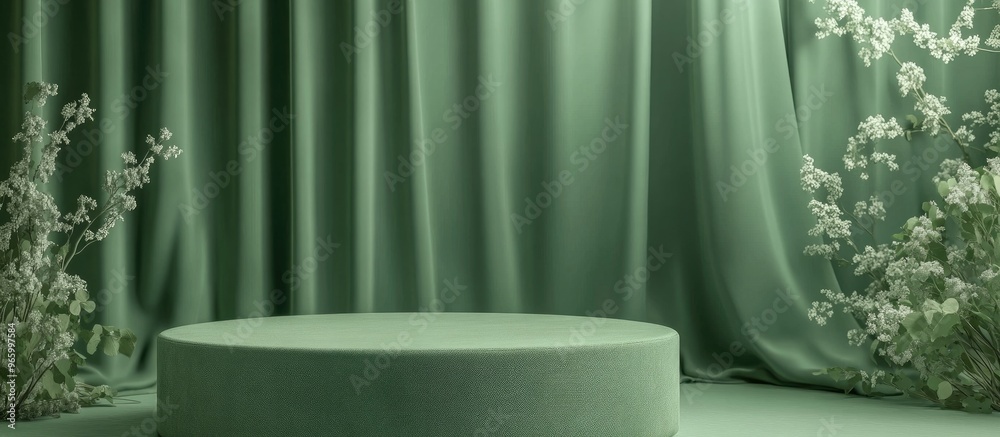 Poster Minimal product display background for a sales event concept Green upholstered podium set against a green curtain backdrop 3D render illustration with clipping paths for each element included