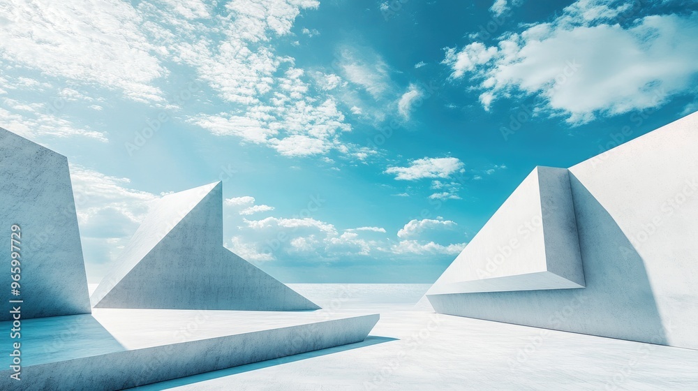 Poster Surreal 3D rendering of a minimalist architectural background featuring geometric shapes abstract design elements a panoramic view and a futuristic scene with ample copy space set against a blue s