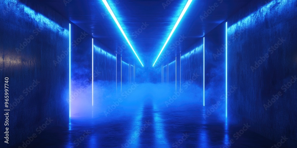 Poster futuristic smoke in a vibrant blue neon setting with glowing led lasers illuminating a modern elegan