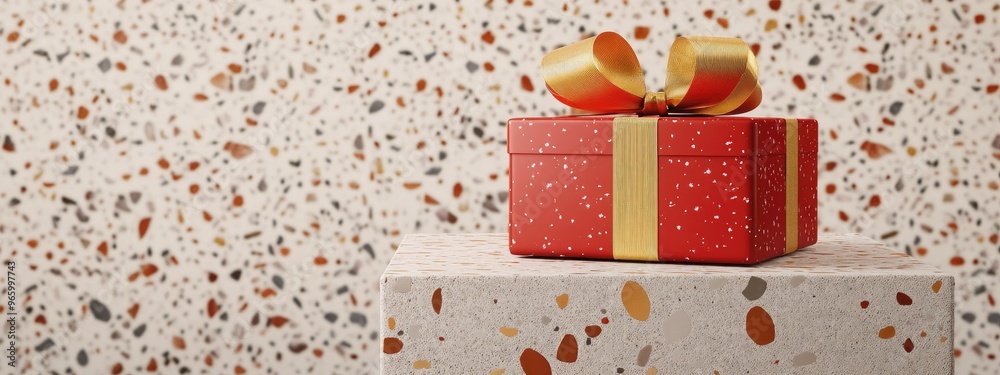 Poster Minimalist product display for festive occasions featuring a red gift box adorned with a golden ribbon on a terrazzo podium 3D render illustration Clipping path for each element included
