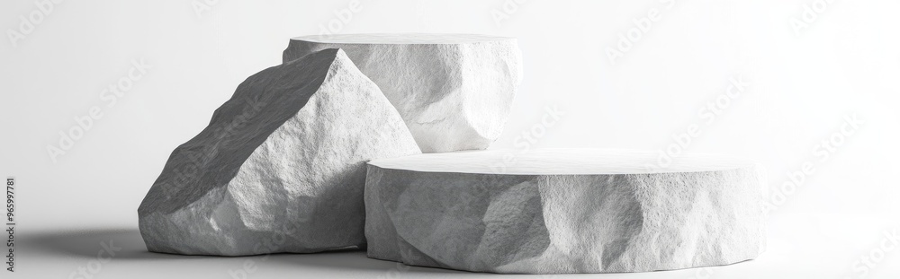 Poster white rock stone podium for blank product display 3d rendering