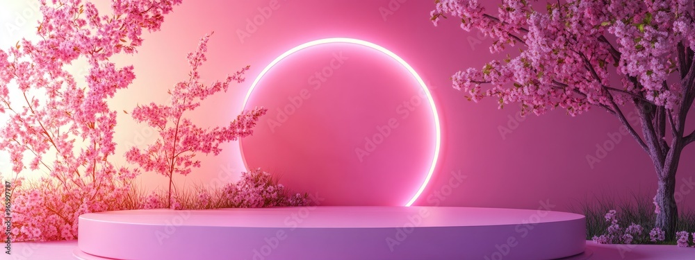 Poster minimalist pink cylinder product podium display with a cherry blossom tree in a garden setting conce