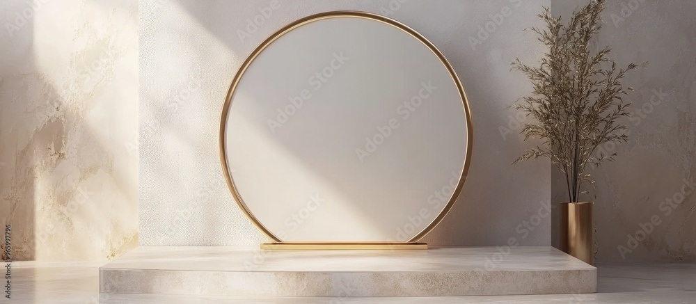 Aufkleber Minimalist display pedestal with a gold frame memorial board and abstract design featuring a blank space for showcasing luxury products 3D render