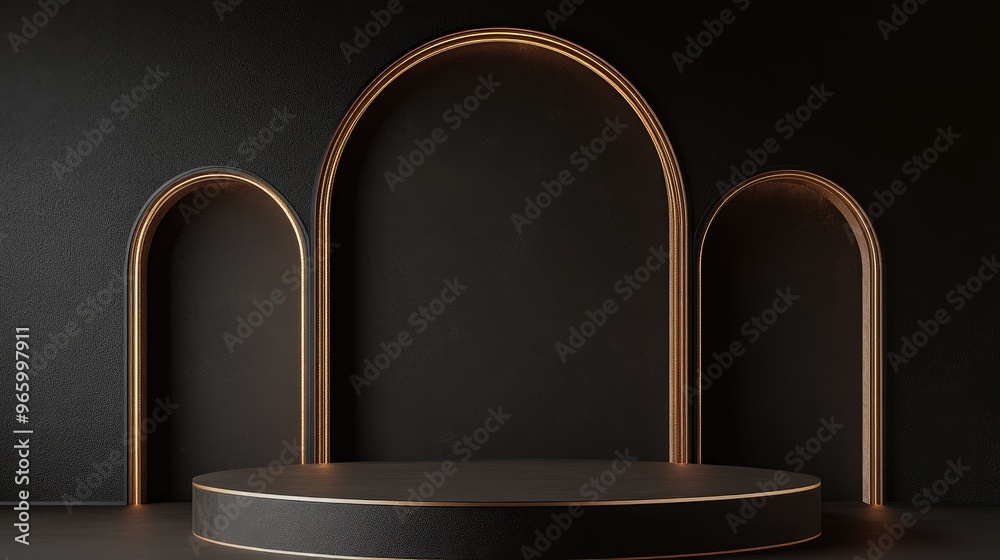 Poster dark brown 3d rendered cylinder podium with golden accents featuring a minimalistic composition and 