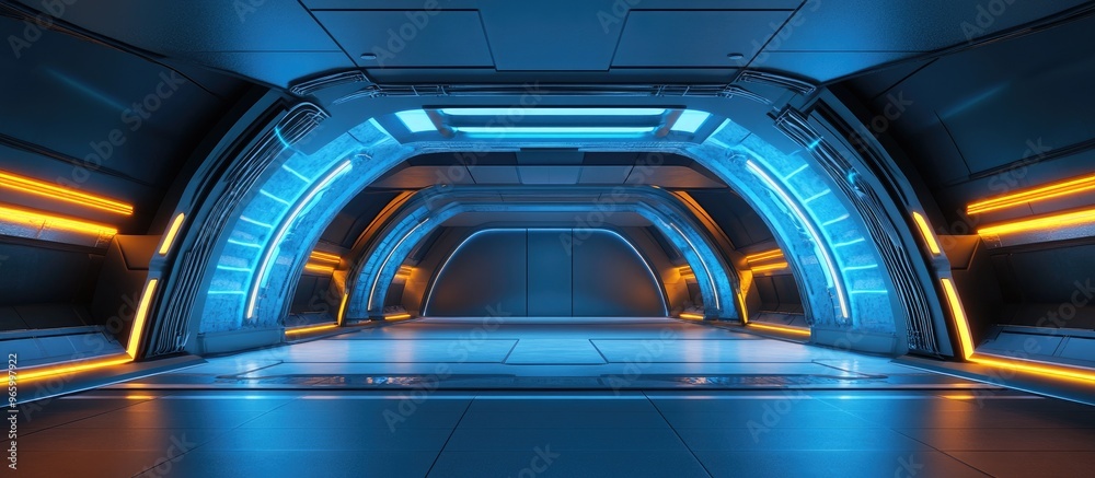 Poster Futuristic interior featuring an empty stage Modern background with a technology sci fi high tech concept 3D rendering