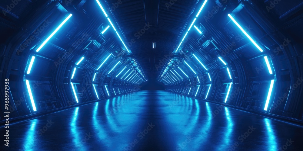 Fototapete Abstract blue light tunnel with rays neon highlights and spotlights Dark empty scene featuring cold neon tones Symmetrical reflection and perspective 3D rendering