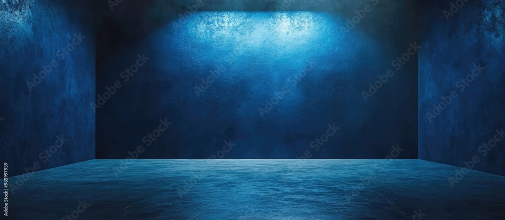 Aufkleber front view of a blue blank wall in a dark interior space featuring a concrete floor and neon lightin