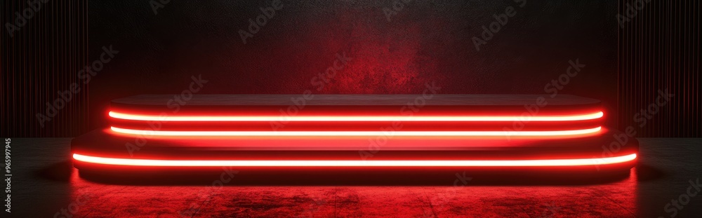 Poster Product Display Stage Featuring Red Neon Light Against a Dark Backdrop 3D Rendering