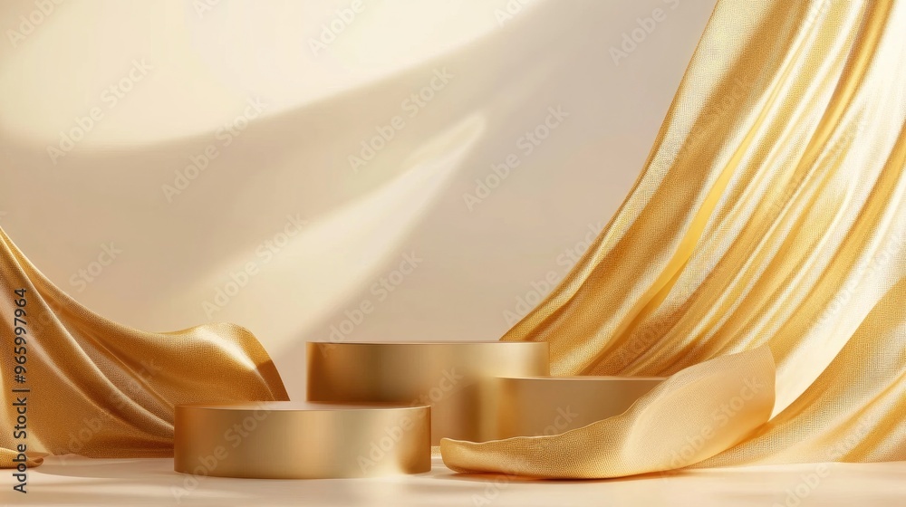 Leinwandbilder three podiums on a platform for cosmetic presentation featuring fluttering fabric in gold designed a