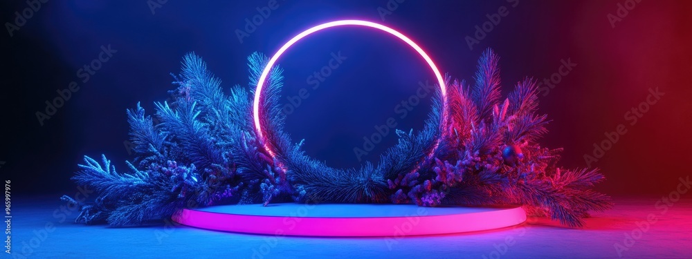 Poster Festive display stand featuring a Christmas wreath with fir branches 3D rendering 3D illustration