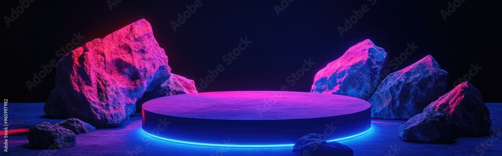 Aufkleber podium against a dark backdrop with blue violet led neon lighting 3d rendered illustration featuring