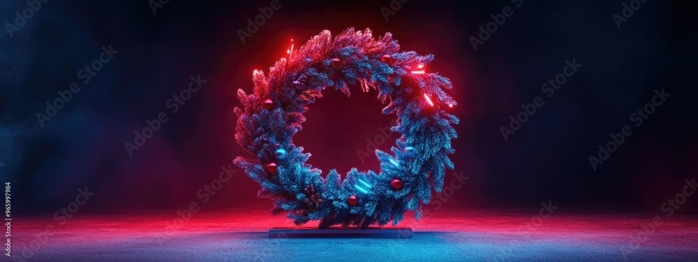 Poster festive display stand featuring a christmas wreath with fir branches 3d rendering 3d illustration