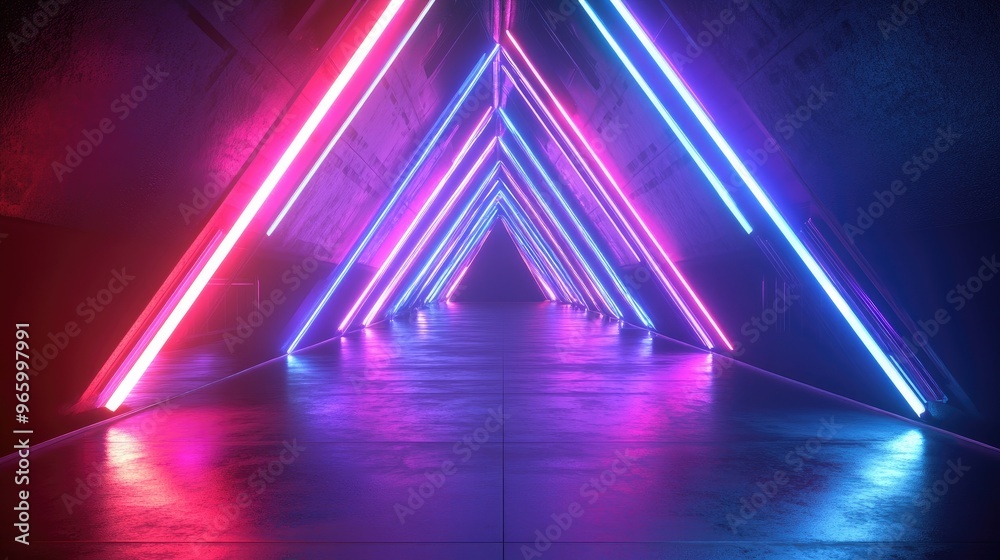 Poster vibrant laser triangle podium in purple red and blue with neon fluorescent effects in a sci fi futur