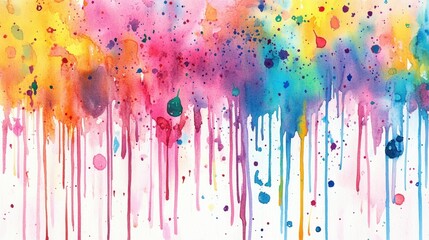 Fototapeta premium Colorful splatters of watercolor paint merging and dripping down, forming a vibrant, organic abstract pattern.