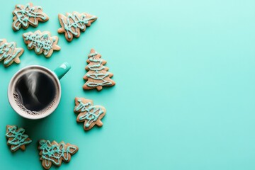 Fototapeta premium Coffee and Christmas Tree Cookies on a Mint Background