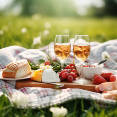 photo healthy breakfast and wine glasses on blanket over the green grass