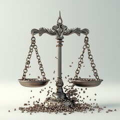 Isolated 3D scales of justice symbol, golden metal balance for legal measurement and concept of equality