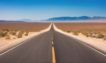 Naklejka premium A long, empty road stretches through the desert towards distant mountains
