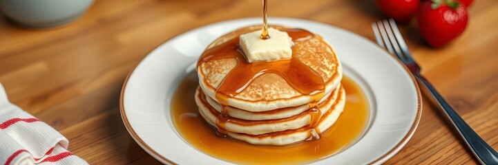  pancakes with syrup and butter on a plate with a fork.