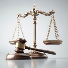 Golden gavel and scales of justice on a wooden table, symbolizing balance and law in court