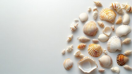 Obraz premium A beautiful collection of various seashells arranged on a light background, perfect for beach or nature-themed designs.