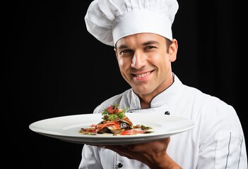 a chef holding a perfectly plated dish a proud smile on their fa