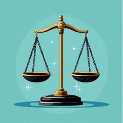 Golden scales of justice, symbol of legal balance and equality, weigh the weight of law against the scales of justice and money