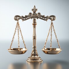 Golden scales of justice isolated on white background, symbolizing balance and equality in law