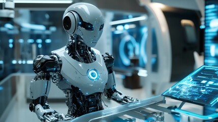 Fototapeta premium A futuristic robot is working on a digital screen in a sterile, modern lab.