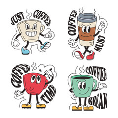 Petro set of stickers with cups of coffee. Lettering, quotes about coffee. Groovy characters. Vintage cartoon vector illustration