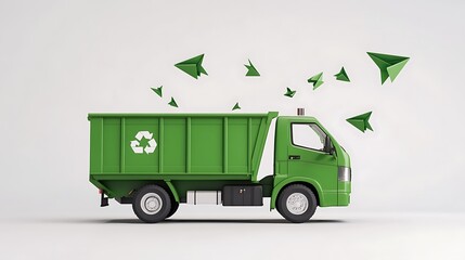 Eco-Friendly Recycling Truck Surrounded by Paper Planes - Clean White 3D Render with Minimalist Backdrop