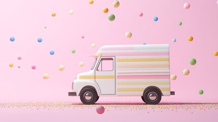 Whimsical White Ice Cream Truck With Pastel Stripes and Sprinkles in a Sweet Fantasy World | 3D Render High-Resolution Photography