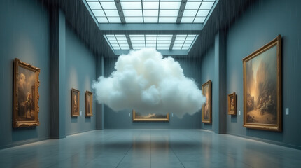 Surreal Conceptual Photography of a Floating Raining Cloud in a Modern Art Museum Gallery with Minimal Style and Atmospheric Visual Installation