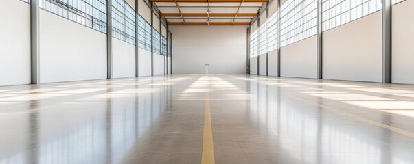 Obraz premium An empty warehouse with clean, polished floors and tall, bright windows, suggesting new opportunities and open space