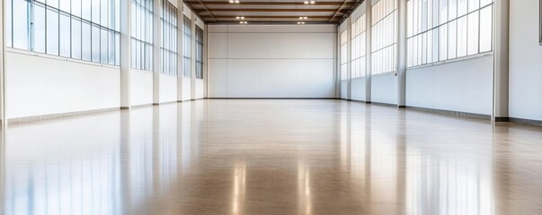 Obraz premium An empty warehouse with clean, polished floors and tall, bright windows, suggesting new opportunities and open space