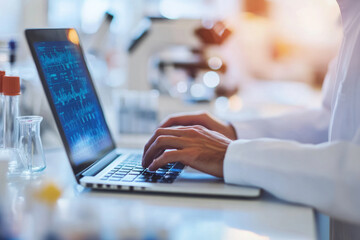 Scientist working on a laptop in a laboratory, analyzing data with a microscope in the background, modern research environment