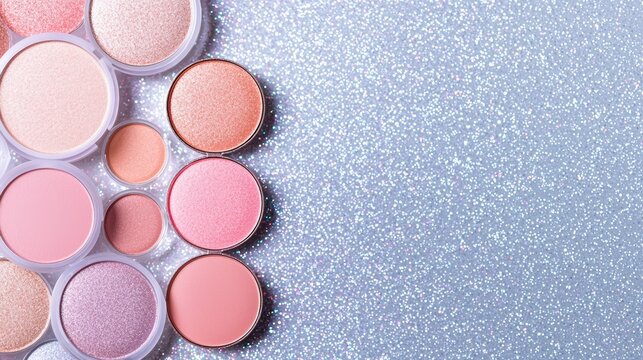 Shimmering eyeshadow palette with metallic and pastel shades, placed on a glittery surface, perfect for showcasing luxurious makeup and cosmetics
