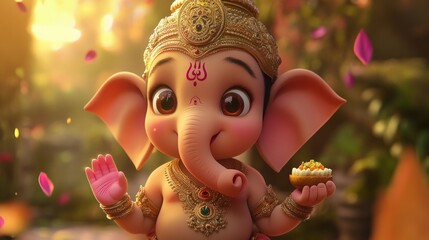 Adorable cartoon Ganesha with a sweet offering, surrounded by falling petals.
