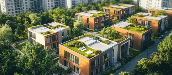 Obraz premium 3D rendering of a series of eco friendly houses positioned amidst an array of apartment buildings