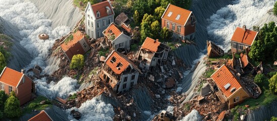 3D depiction of a landslide disaster Illustration showing natural erosion where rocks and landslides have caused significant destruction to buildings