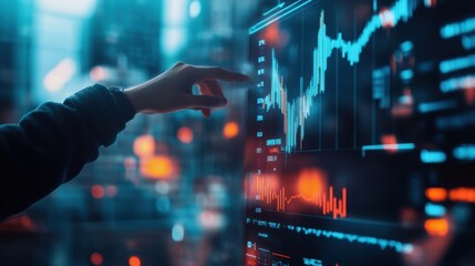 Investor analyzing ROI outcomes on a virtual screen, assessing