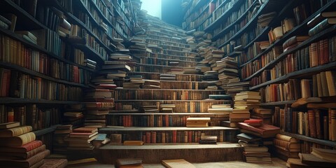 Obraz premium A Stairway Constructed from a Towering Wall of Books