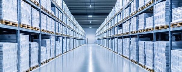 Fototapeta premium Inside a cold storage warehouse, with rows of frost-covered shelves, symbolizing frozen goods and perishable logistics