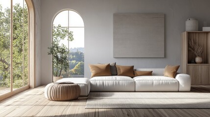 Minimalist living room design featuring a sofa on wooden flooring decorative elements on a large wall and a scenic view through the window Nordic interior style 3D illustration